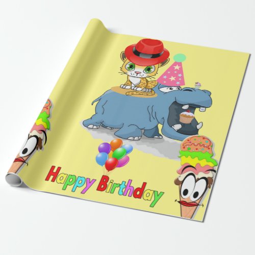 Happy Birthday Wrapping Paper Hippopotamus Kitten