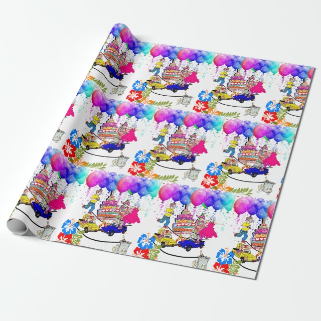 Happy Birthday Wrapping Paper Over the Hill (Unrolled)