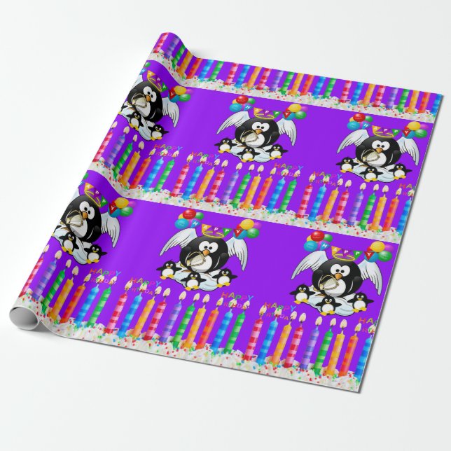 Happy Birthday Wrapping Paper Penguin (Unrolled)