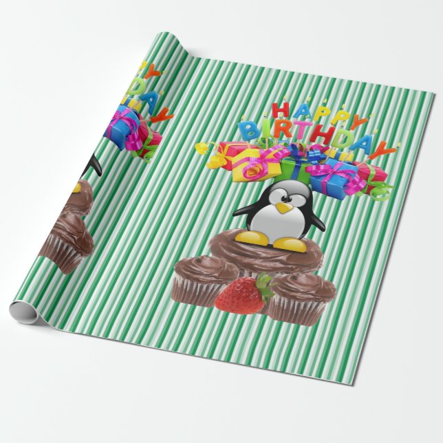 Happy Birthday Wrapping Paper Penguin (Unrolled)