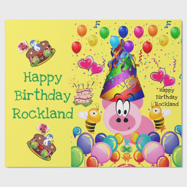 Happy Birthday Wrapping Paper Pig Bumblebee (Flat)