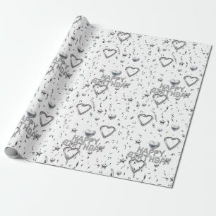 Happy Birthday Wrapping Paper Silver Hearts