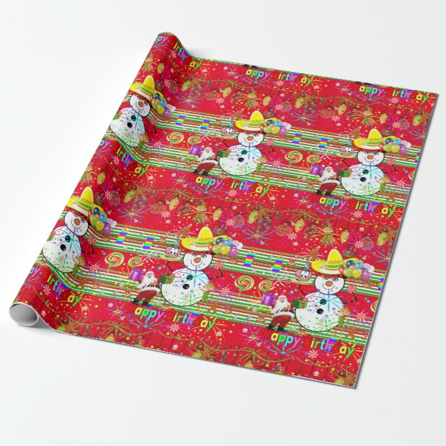 Happy Birthday Wrapping Paper Snowman (Unrolled)