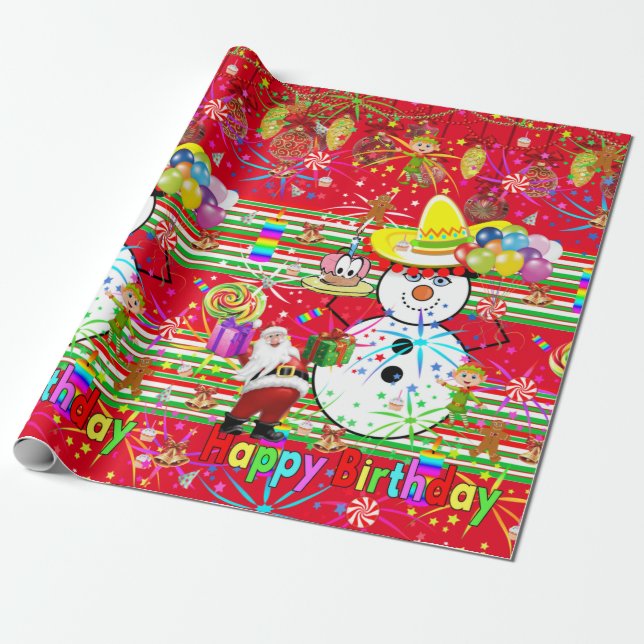 Happy Birthday Wrapping Paper Snowman (Unrolled)