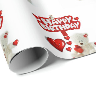 Happy Birthday Wrapping Paper White Teddy Bear