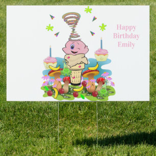 Happy Birthday Yard Sign Celebrate Pink Cupcake