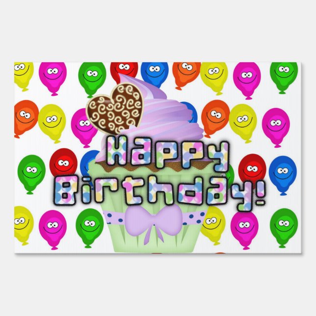 Happy Birthday Yard Sign Colorful Balloons Cupcake (Front)