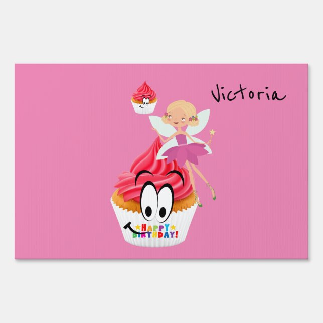 Happy Birthday Yard Sign Fairy Cupcake (Front)