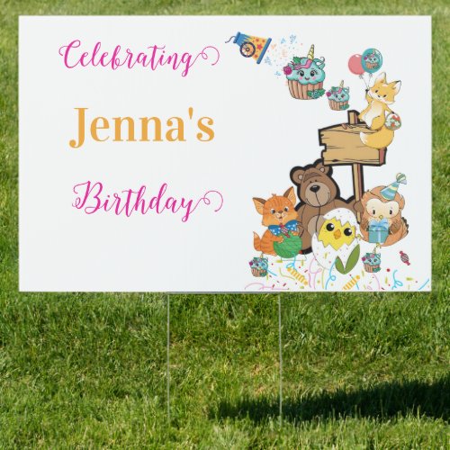 Happy Birthday Yard Sign Fox Teddy Bear Chicks