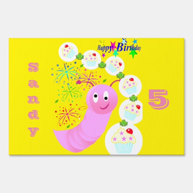 Happy Birthday Yard Sign Pink Worm Cupcakes (Front)