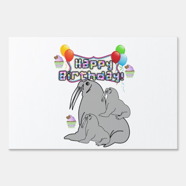 Happy Birthday Yard Sign Seal Balloons Cupcakes (Front)