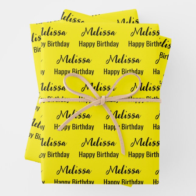 Happy Birthday Yellow and Black Name Pattern Wrapping Paper Sheets (In situ)