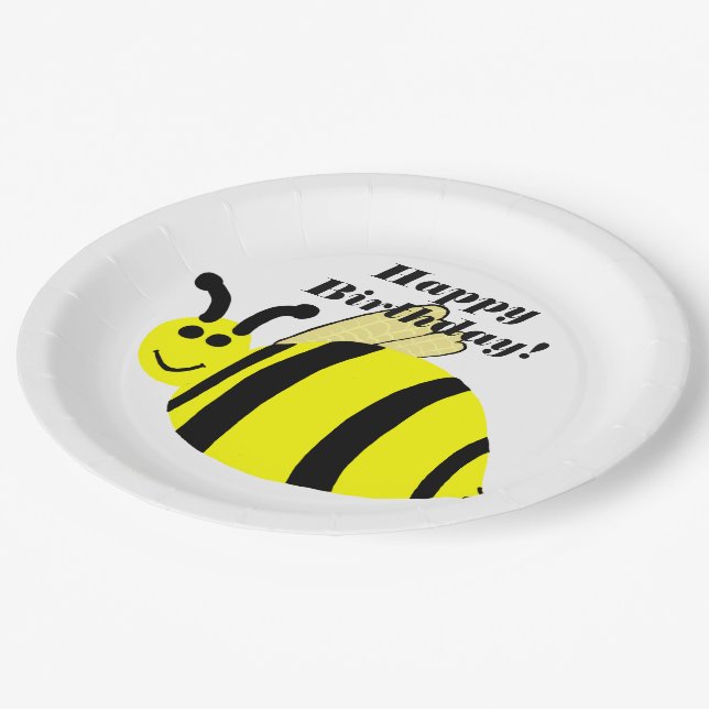 Happy Birthday Yellow Bumble Bee Paper Plates (Angled)