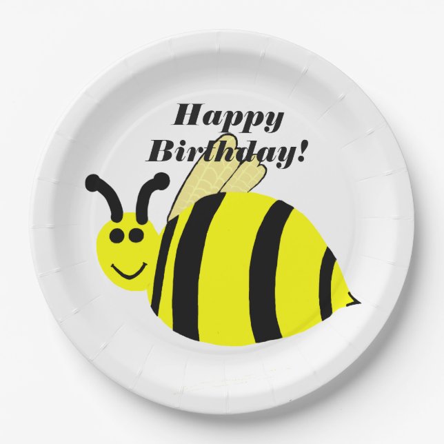 Happy Birthday Yellow Bumble Bee Paper Plates (Front)