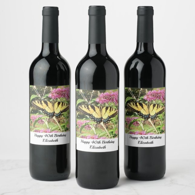 Happy Birthday Yellow Butterfly Pink Flowers  Wine Label (Bottles)