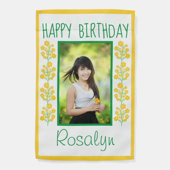 Happy Birthday Yellow Floral Photo Garden Flag (Back)