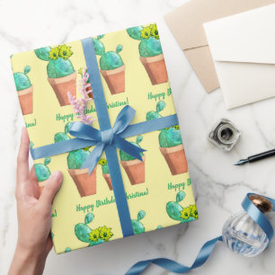 Happy Birthday Yellow Flowering Potted Cactus Wrapping Paper