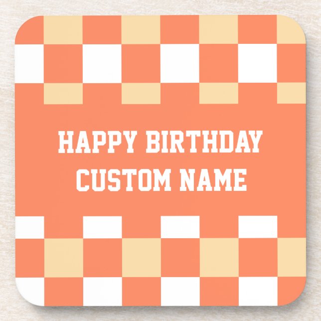 Happy birthday yellow gingham  beverage coaster (Front)