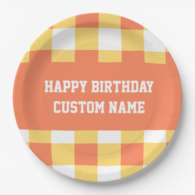 Happy birthday yellow gingham  paper plates (Front)