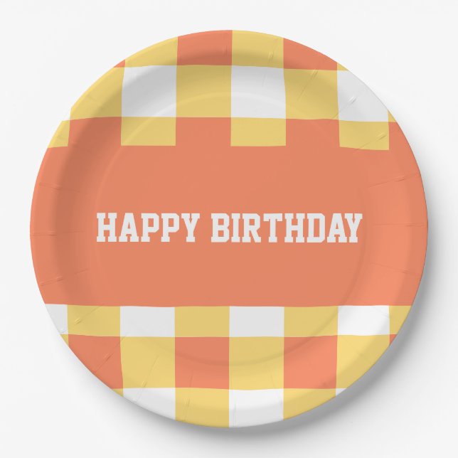 Happy birthday yellow gingham  paper plates (Front)