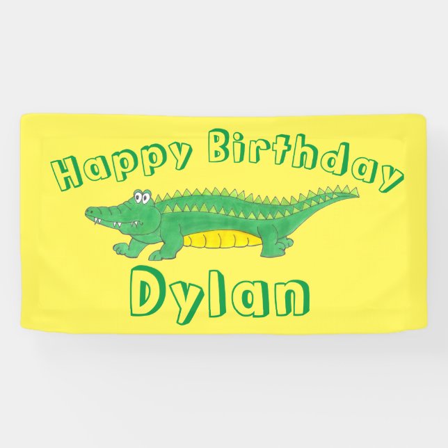 Happy Birthday Yellow Green Alligator Crocodile Banner (Horizontal)