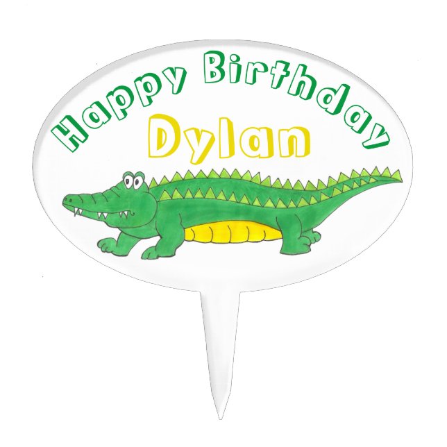 Happy Birthday Yellow Green Alligator Crocodile Cake Topper (Front)