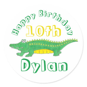 Happy Birthday Yellow Green Alligator Crocodile Classic Round Sticker