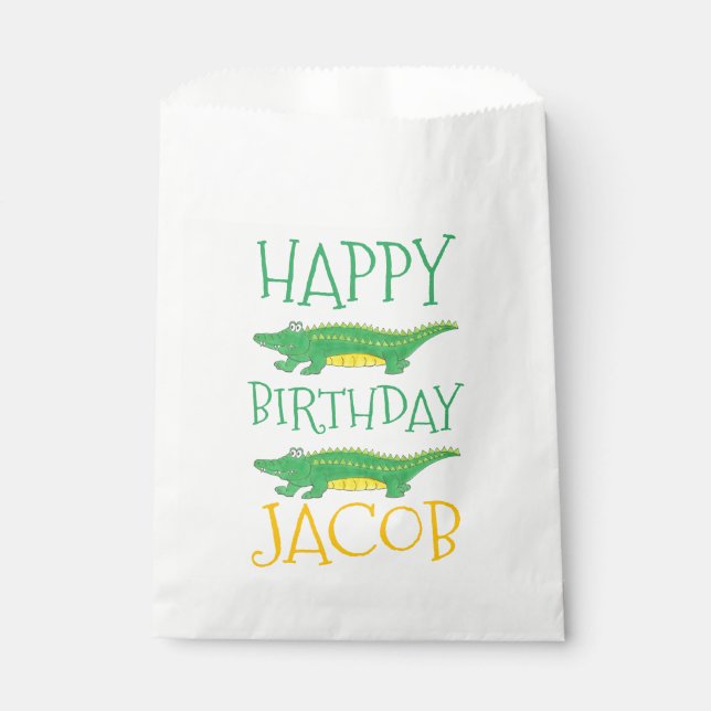 Happy Birthday Yellow Green Alligator Crocodile Favor Bag (Front)