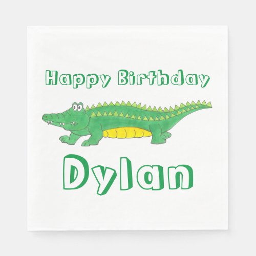 Happy Birthday Yellow Green Alligator Crocodile Napkins