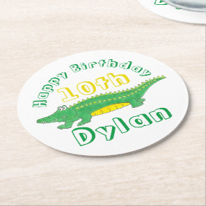 Happy Birthday Yellow Green Alligator Crocodile Round Paper Coaster