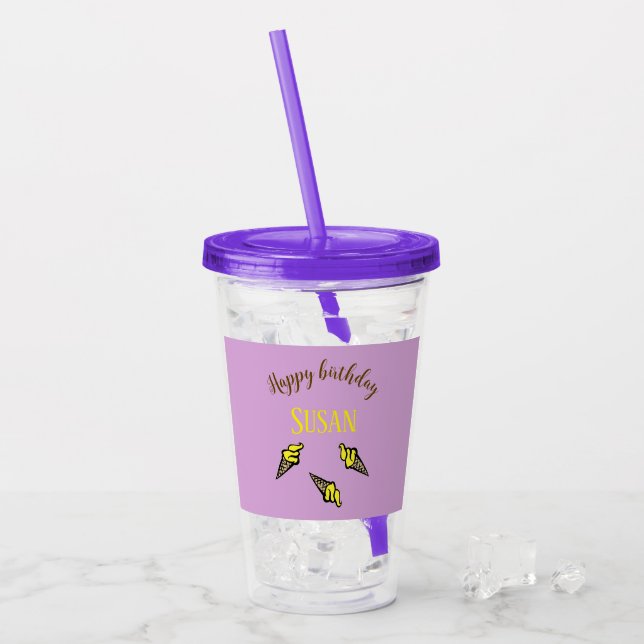 Happy birthday yellow ice cream on purple acrylic tumbler (Front Ice)