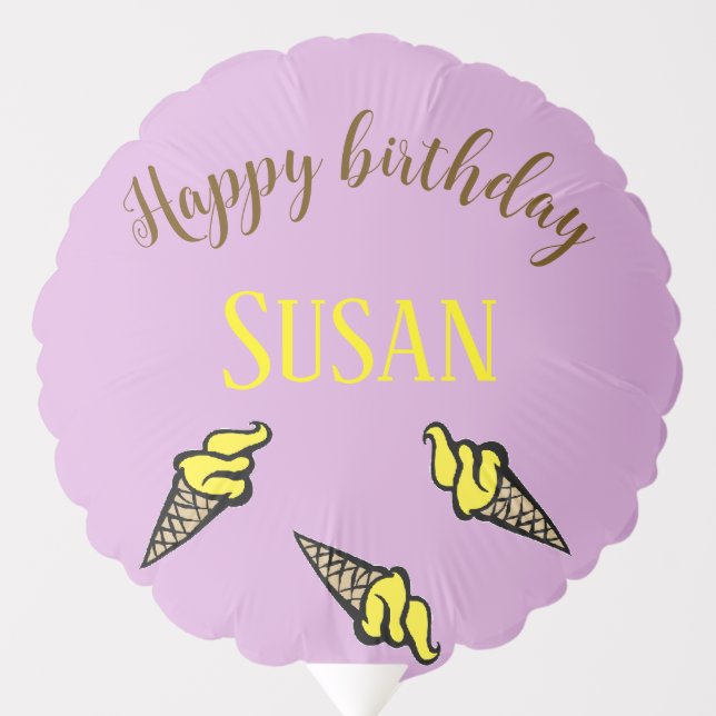 Happy birthday yellow ice cream on purple balloon (Front)
