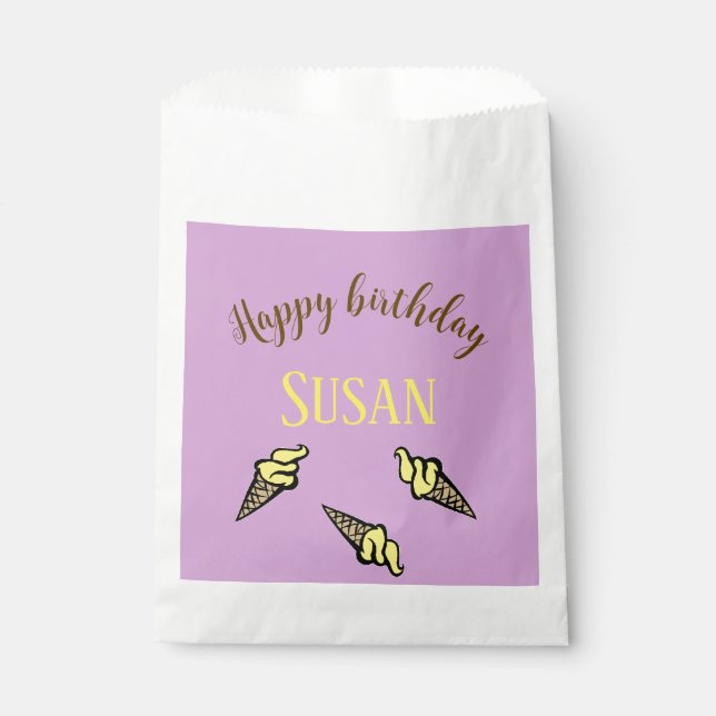 Happy birthday yellow ice cream on purple favor bag (Front)