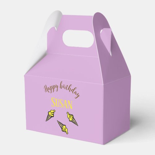 Happy birthday yellow ice cream on purple favor boxes