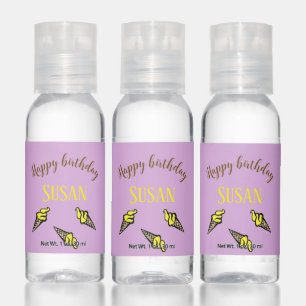 Happy birthday yellow ice cream on purple hand sanitizer