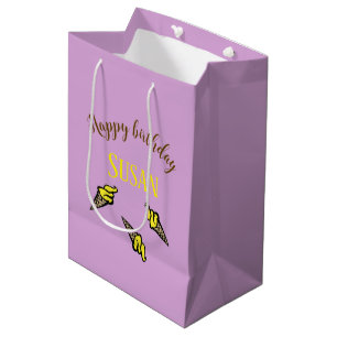 Happy birthday yellow ice cream on purple medium gift bag