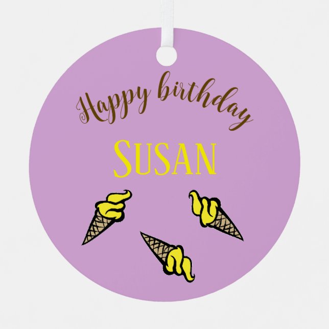 Happy birthday yellow ice cream on purple metal ornament (Front)