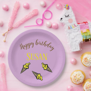 Happy birthday yellow ice cream on purple paper plates