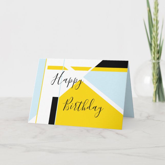 Happy Birthday Yellow Light Blue Black White Card (Front)