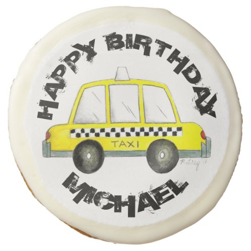 Happy Birthday Yellow NYC Checkered Taxi Cab Sugar Cookie