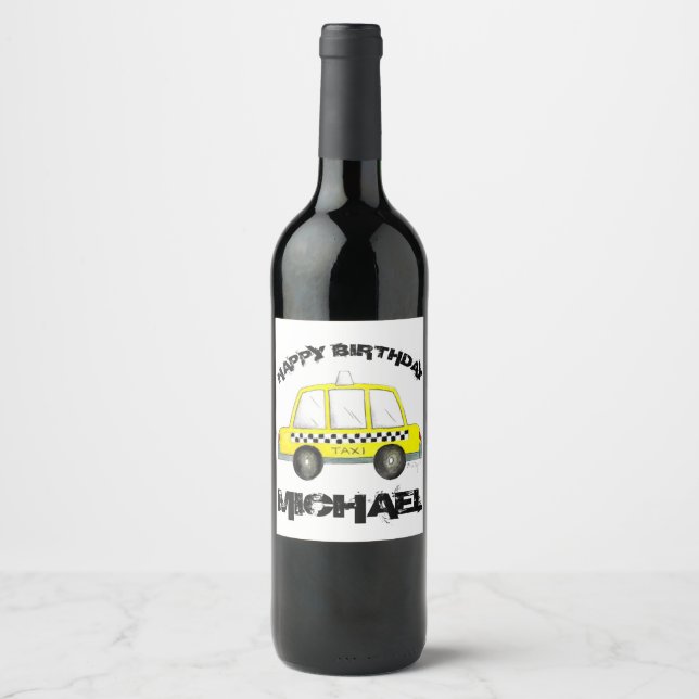 Happy Birthday Yellow NYC Checkered Taxi Cab Wine Label (Front)