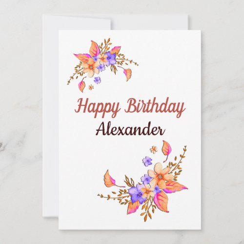 Happy Birthday Yellow Purple Flowers Watercolor  Card