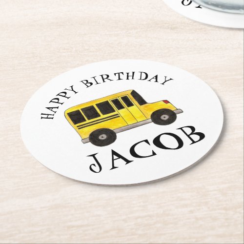 Happy Birthday Yellow School Bus Teacher Education Round Paper Coaster