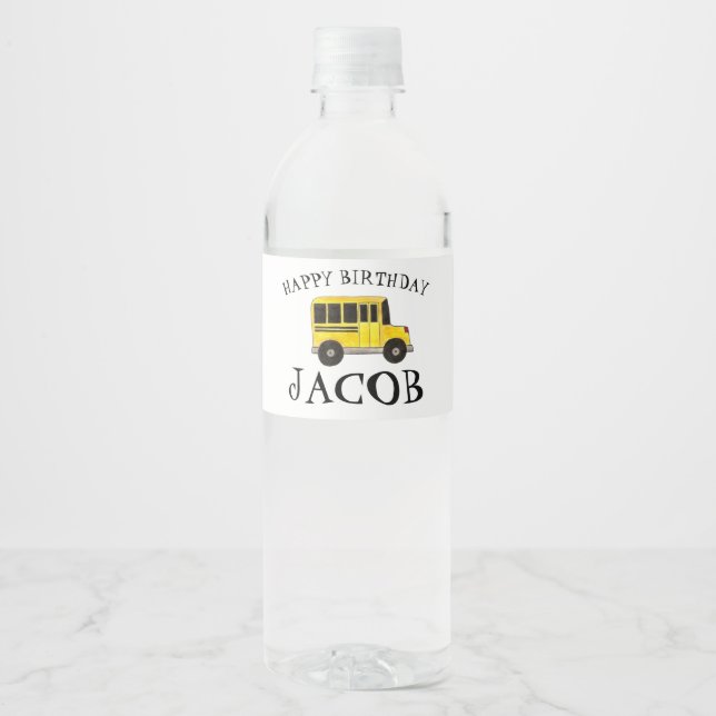 Happy Birthday Yellow School Bus Teacher Education Water Bottle Label (Front)