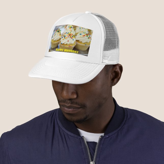 Happy Birthday Yellow Text Five Small Cakes Creamy Trucker Hat (In Situ)