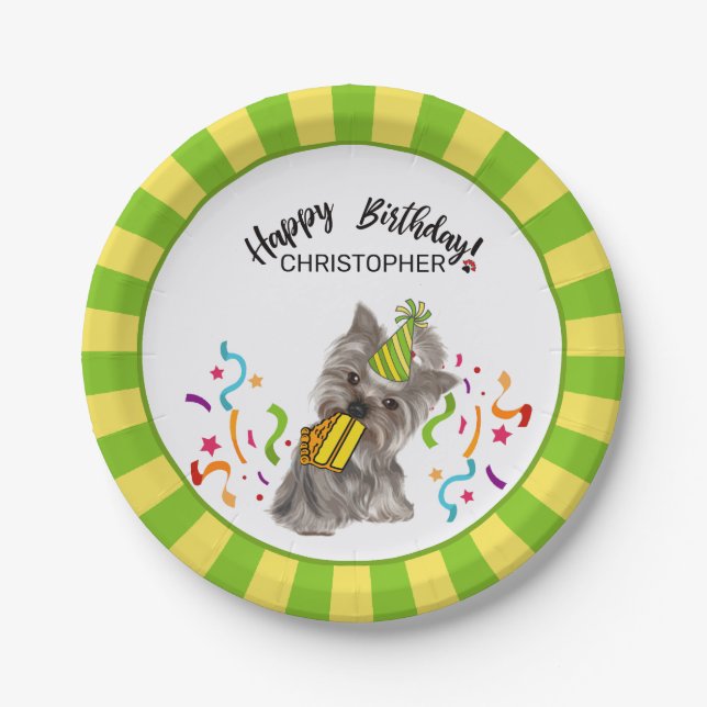 Happy Birthday Yorkie Dog Party Paper Plates (Front)