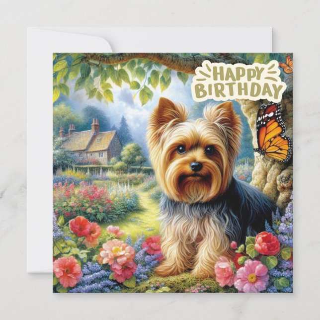 Happy Birthday Yorkshire Terrier Puppy and Garden Card (Front)