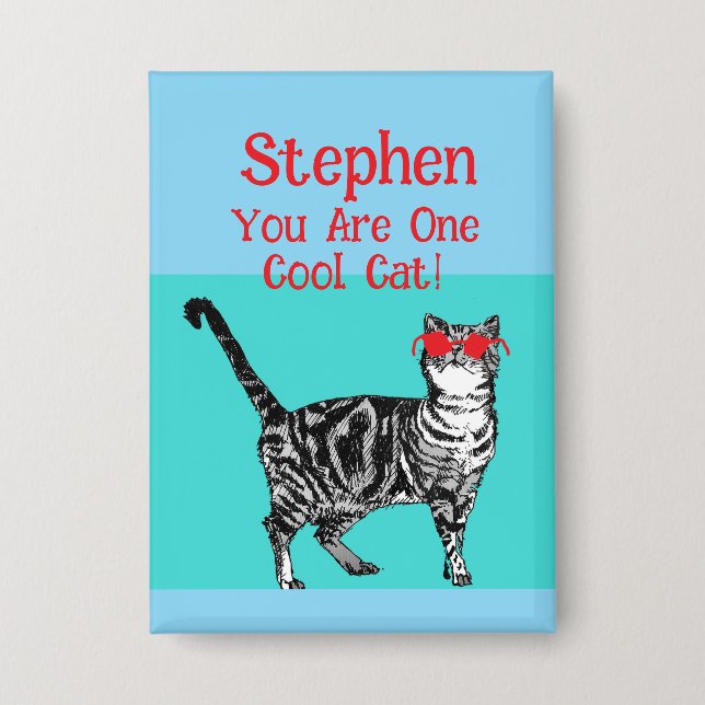 Happy Birthday You Cool Tabby Cat Mens Husband Button (Front)