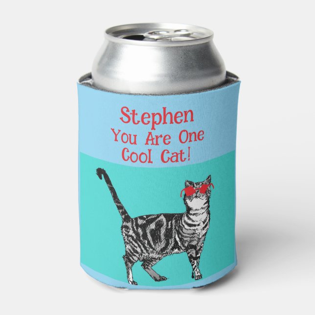 Happy Birthday You Cool Tabby Cat Mens Husband Can Cooler (Can Front)