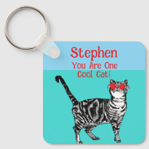 Happy Birthday You Cool Tabby Cat Mens Husband Keychain